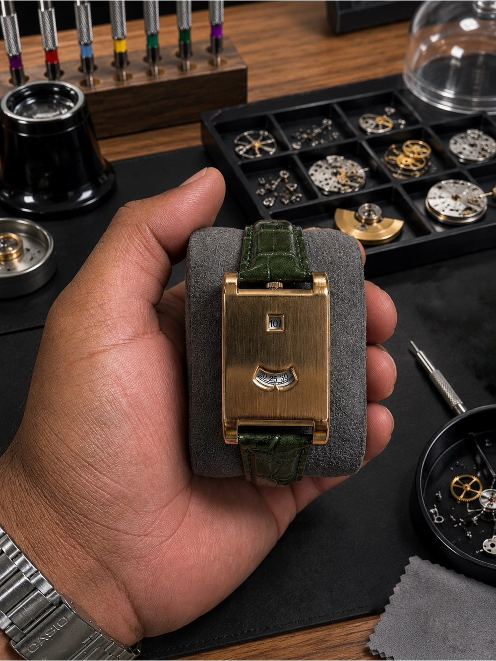Gold-Tone Men's Watch with Green Leather Strap